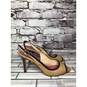 Kate Spade Camel Brown Black Patent Leather  Peep Toe Stiletto Heels Women Sz 8B